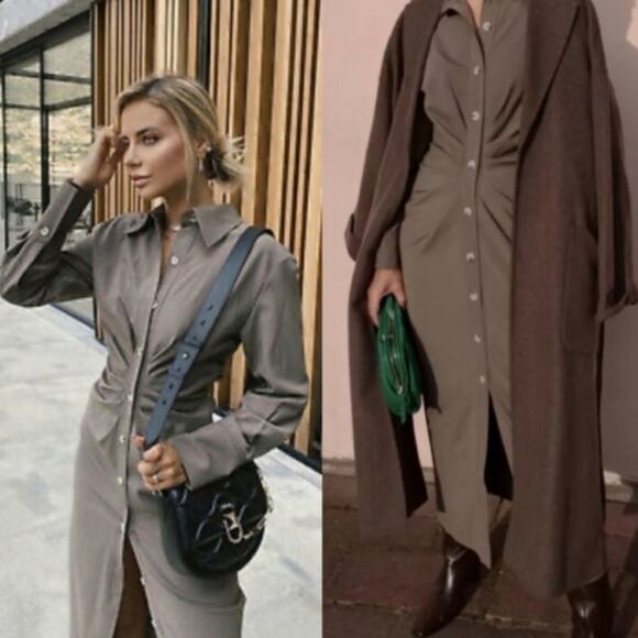 Zara | Blogger Fav Taupe Brown Draped‎ Ruched Front Midi Button-down Dress Sz M - Picture 12 of 12